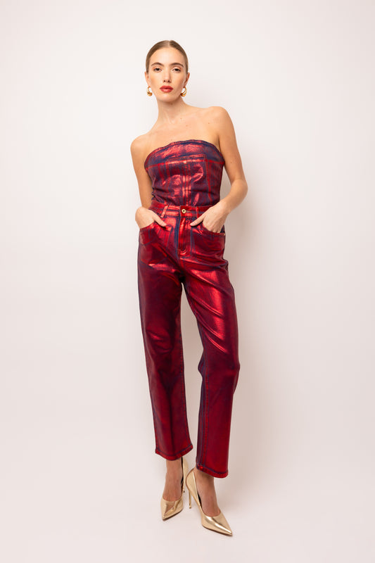Amy Lynn Lupe Red Denim Foil Coated Pants