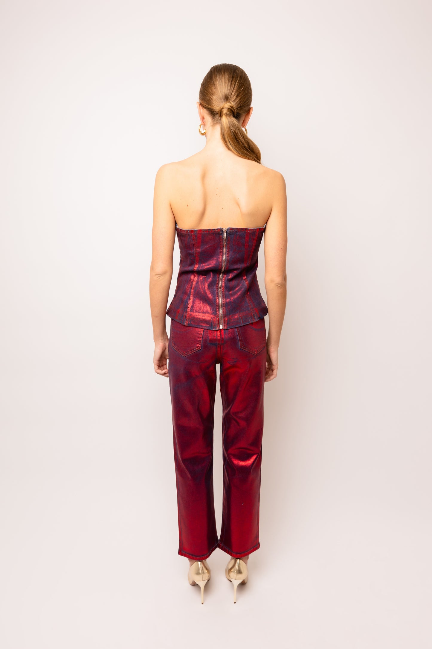 Amy Lynn Lupe Red Denim Foil Coated Pants