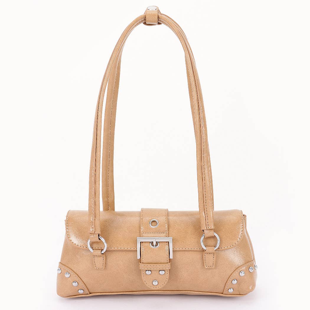 Vegan Leather Buckle Studded Shoulder Bag