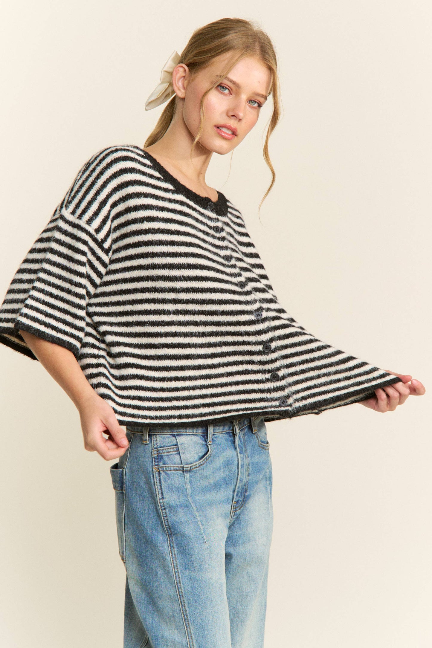 Hadley Striped Cropped Oversized Knit Cardigan