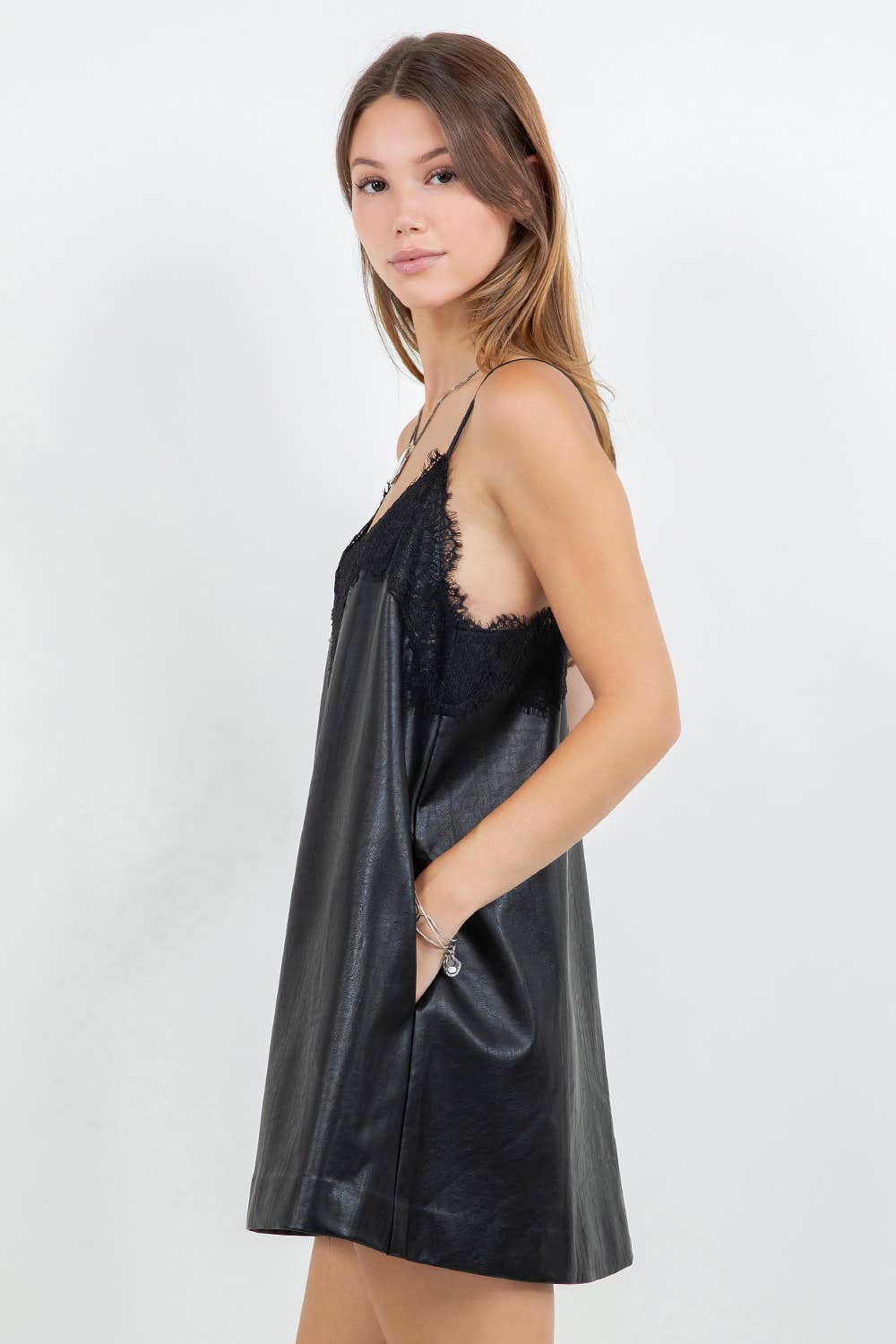 Fronia Vegan Leather Lace Mini Dress