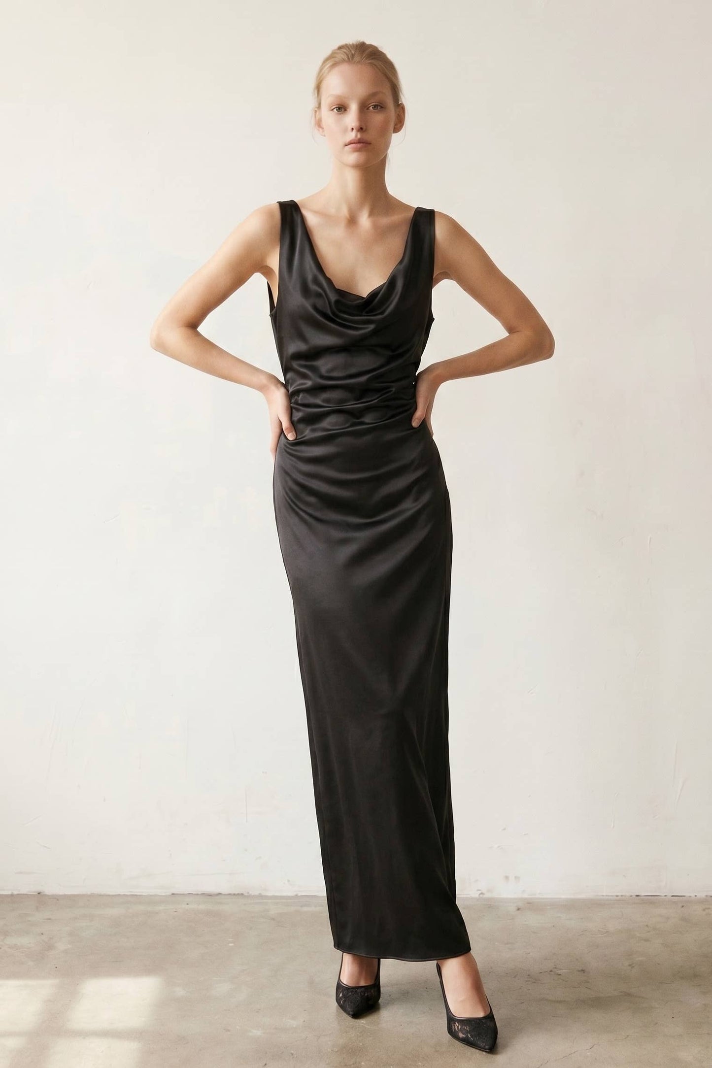 Jazlyn Satin Cowl Neck Maxi Flare Dress