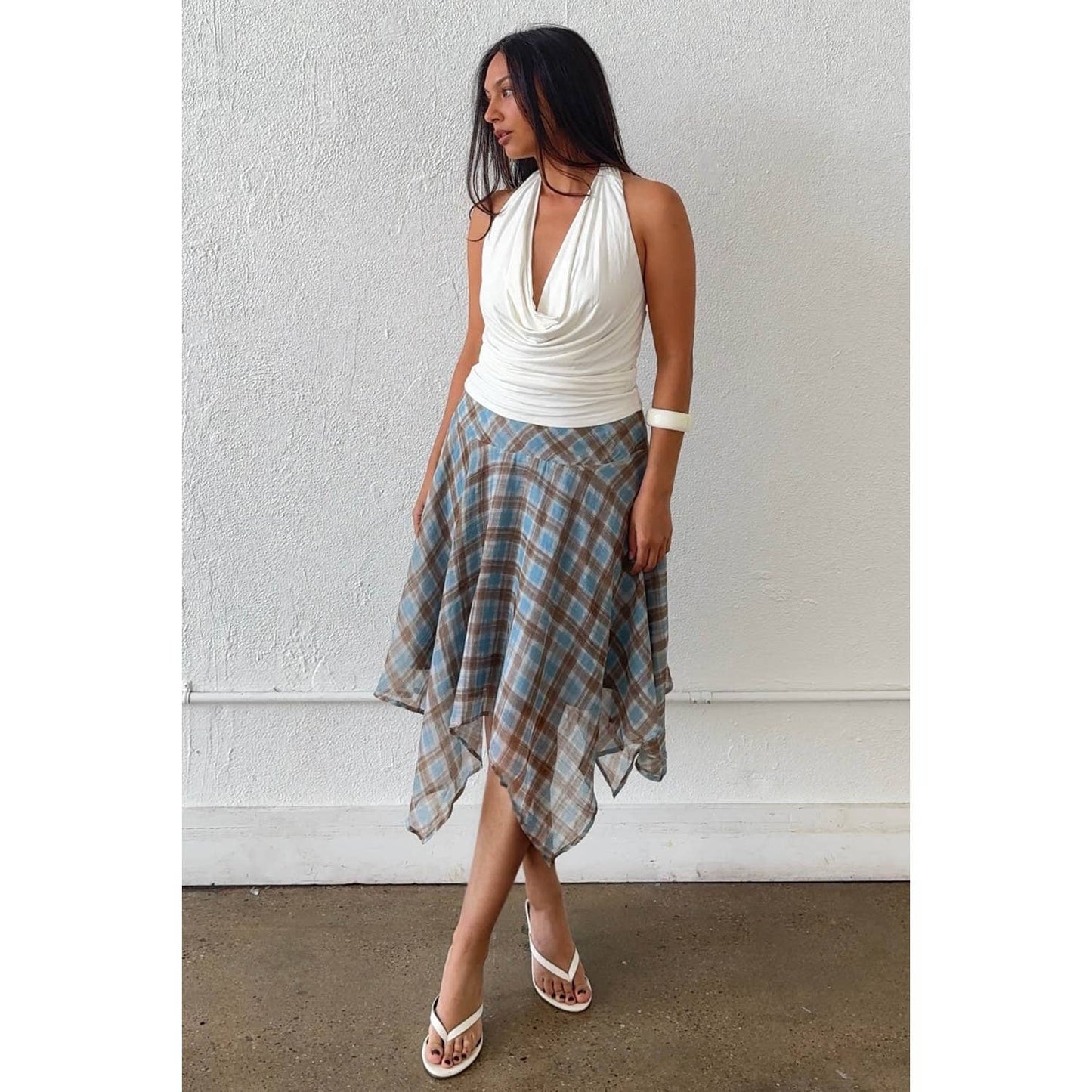 Janelle Check Chiffon Asymmetrical Midi Skirt