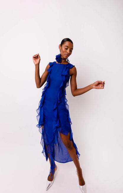 Amy Lynn Roma Chiffon Frill Rose Applique Maxi Dress