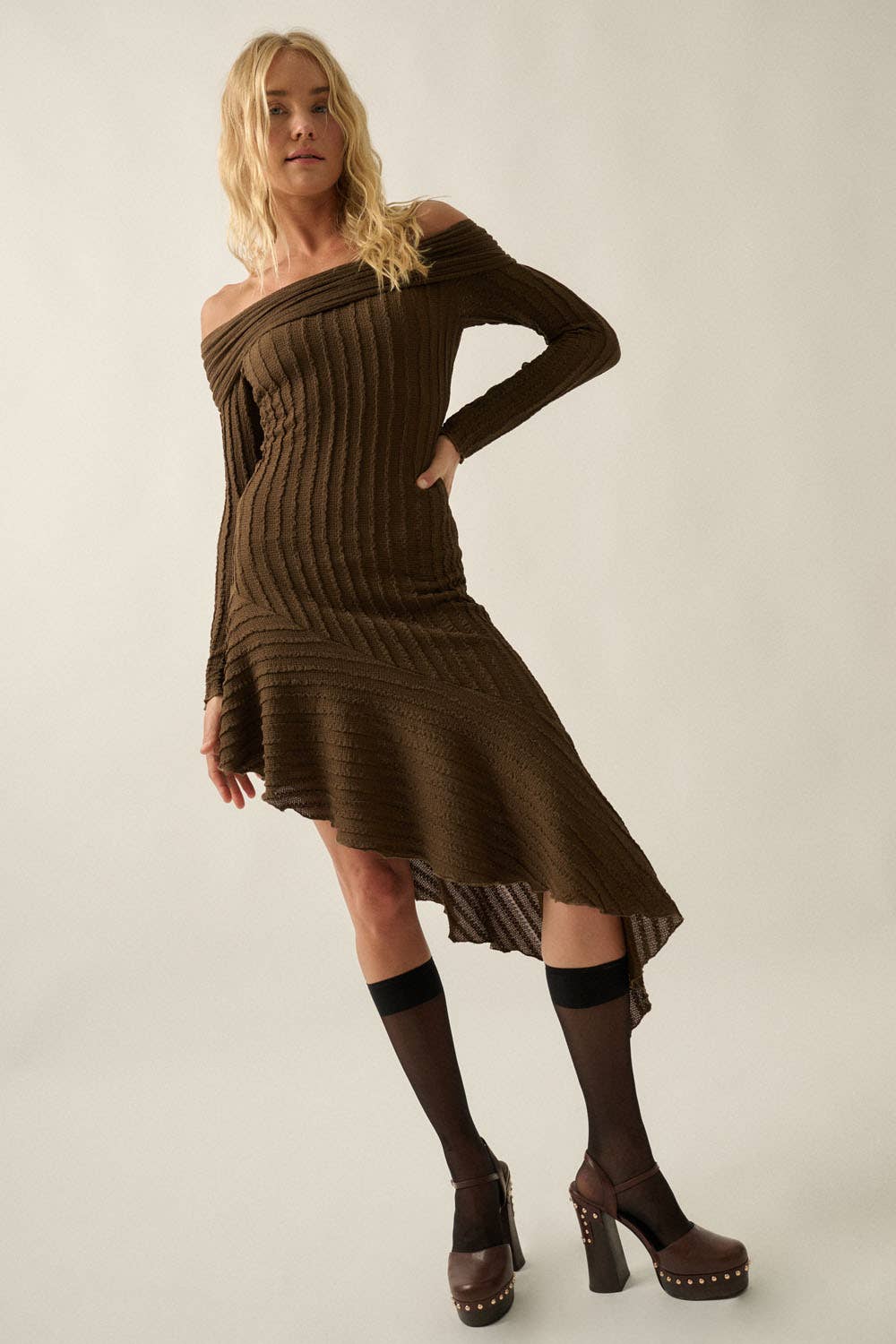 Joan Boucle Ribbed Knit Off-Shoulder Asymmetrical Mini Dress