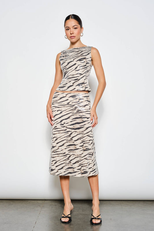Harlow Zebra Sequin Midi Skirt