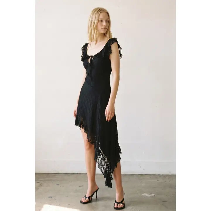 Jessica Ruffle Asymmetrical Lace Midi Dress