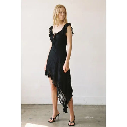 Jessica Ruffle Asymmetrical Lace Midi Dress