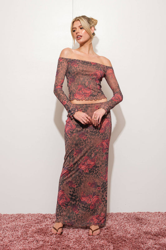 Harriet Floral Leopard Mesh Maxi Skirt