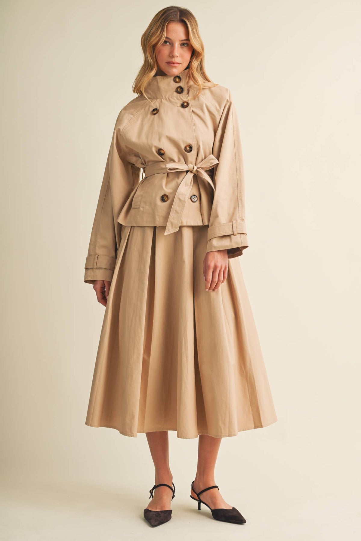 Jacee High-Collar Cropped Belted Trench Jacket