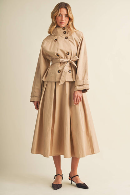 Jacee High-Collar Cropped Belted Trench Jacket