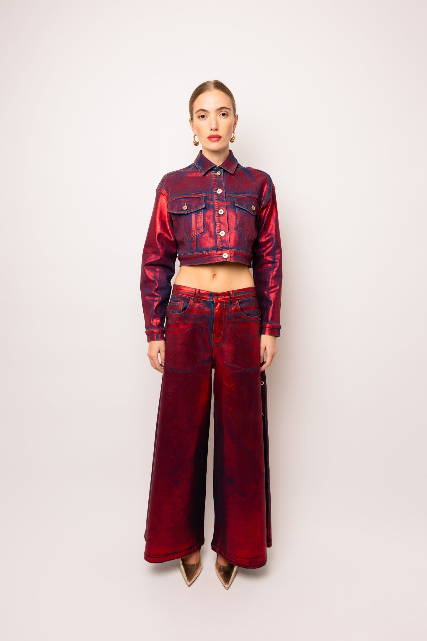 Amy Lynn Halle Red Foil Coated Denim Jacket