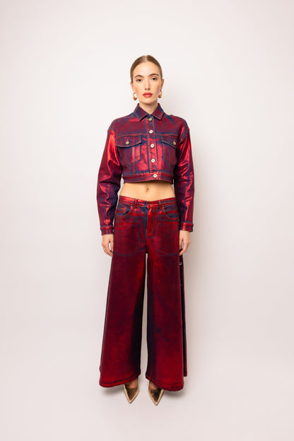 Amy Lynn Halle Red Foil Coated Denim Jacket