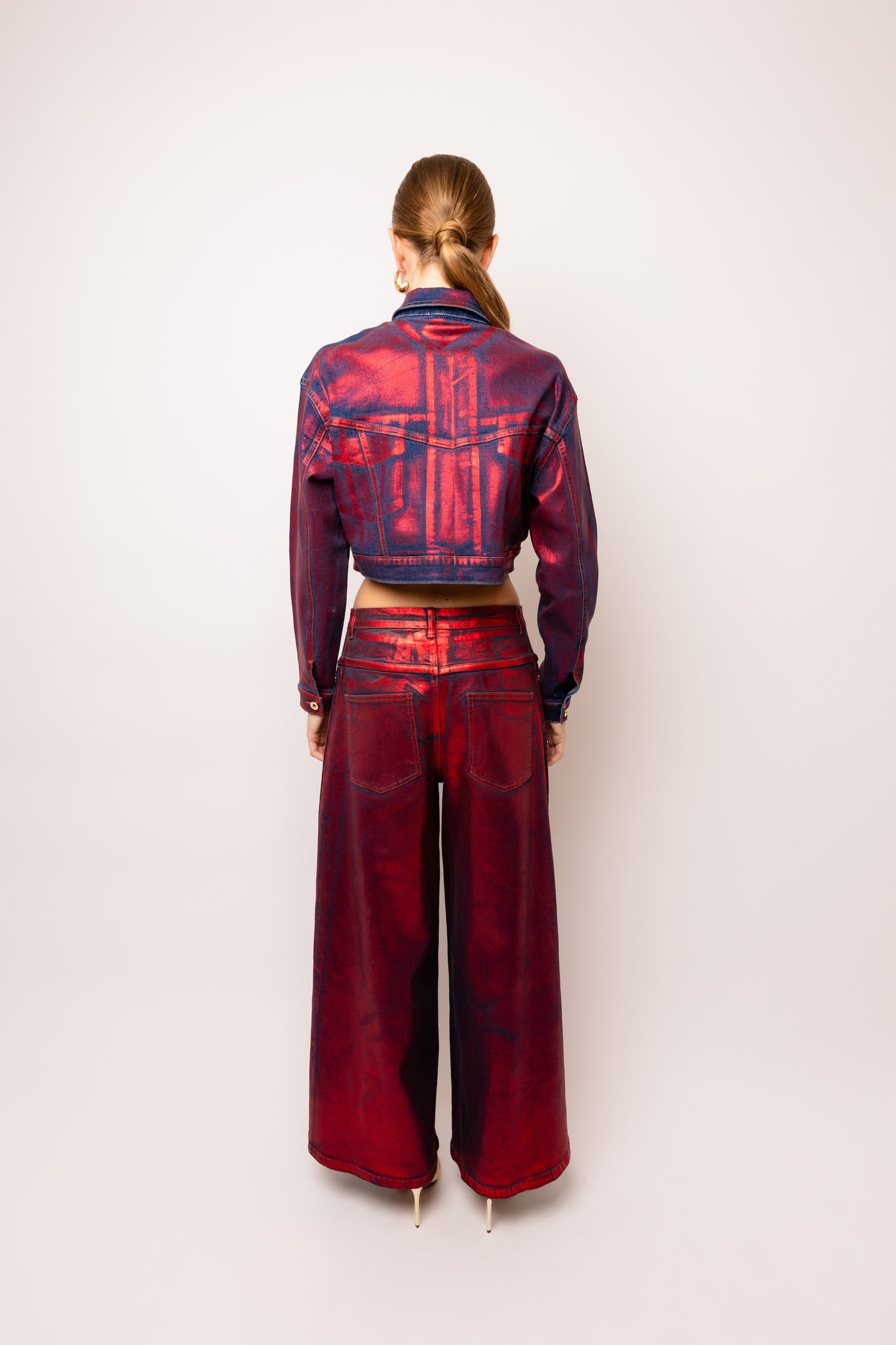 Amy Lynn Halle Red Foil Coated Denim Jacket