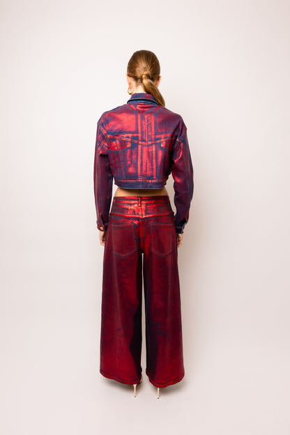 Amy Lynn Halle Red Foil Coated Denim Jacket