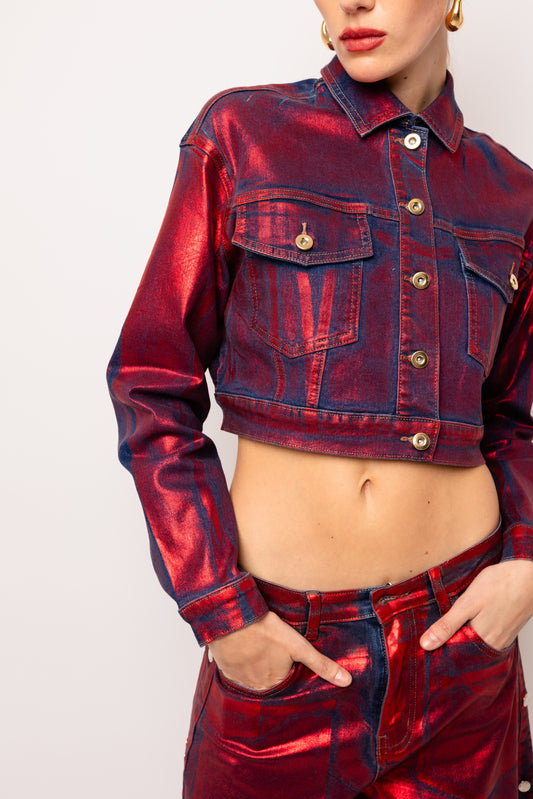 Amy Lynn Halle Red Foil Coated Denim Jacket