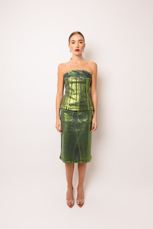 Amy Lynn Clara Green Denim Foil Coated Midi Skirt