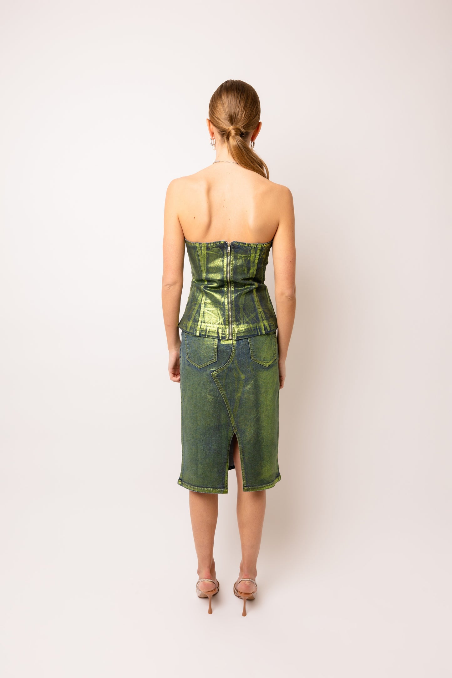 Amy Lynn Clara Green Denim Foil Coated Midi Skirt