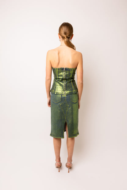 Amy Lynn Clara Green Denim Foil Coated Midi Skirt