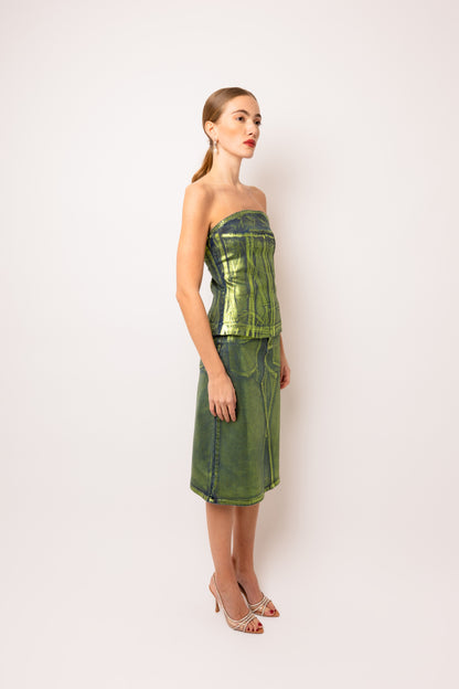 Amy Lynn Clara Green Denim Foil Coated Midi Skirt