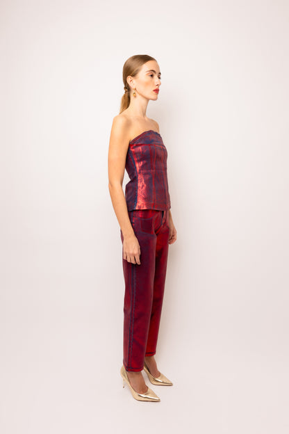 Amy Lynn Lupe Red Denim Foil Coated Pants