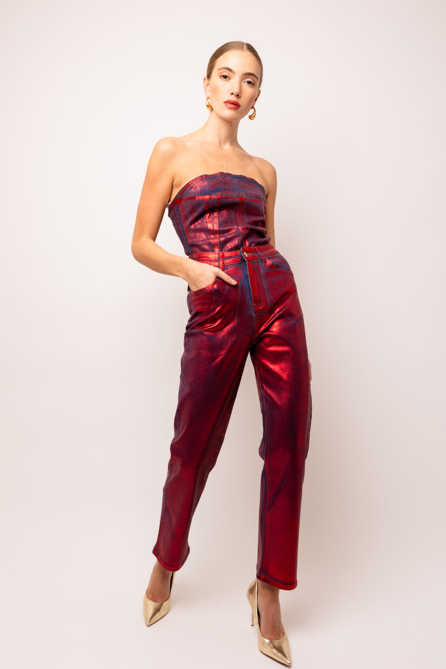 Amy Lynn Lupe Red Denim Foil Coated Pants