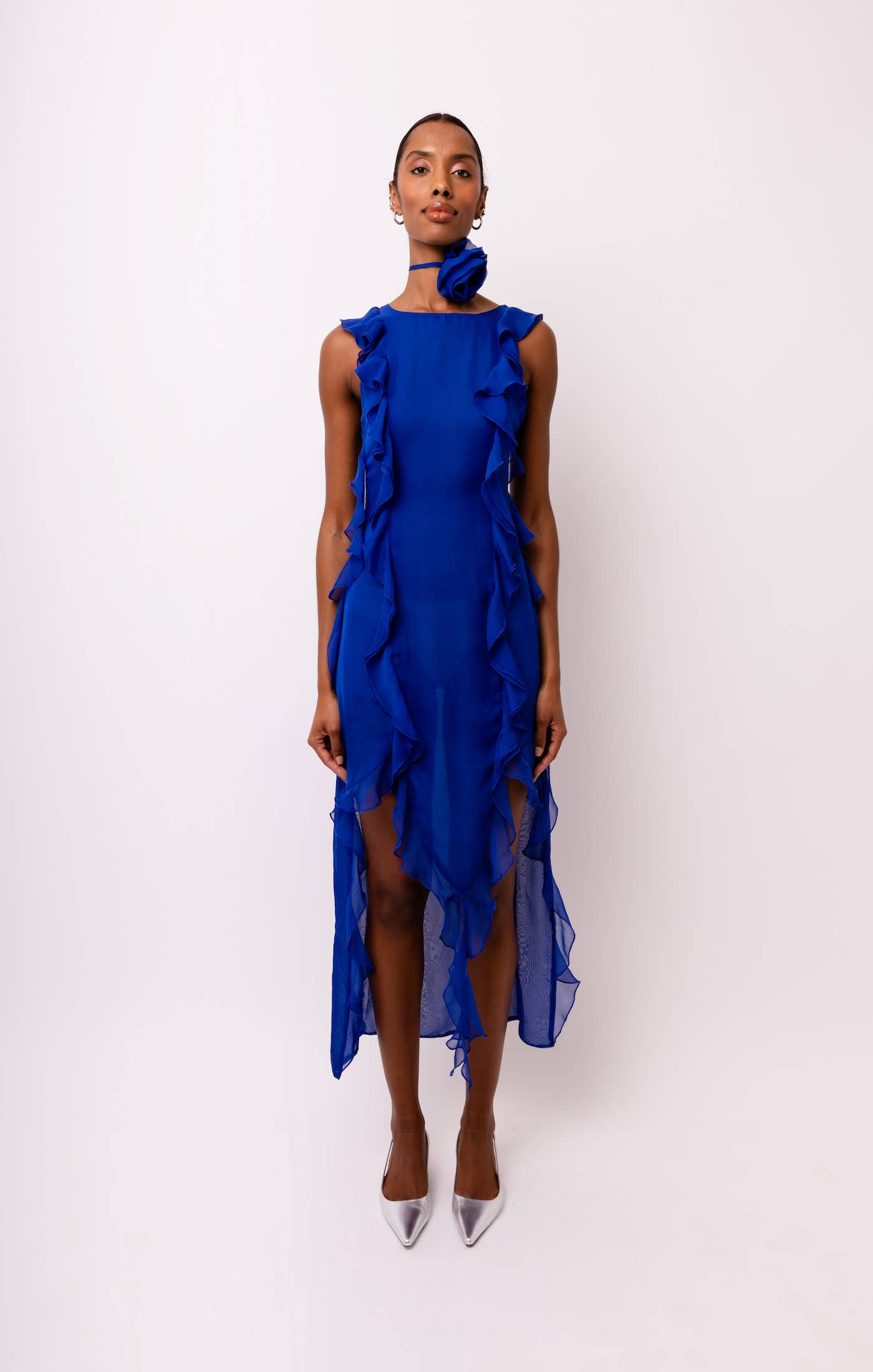 Amy Lynn Roma Chiffon Frill Rose Applique Maxi Dress