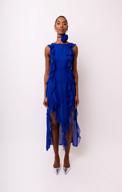 Amy Lynn Roma Chiffon Frill Rose Applique Maxi Dress