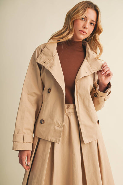 Jacee High-Collar Cropped Belted Trench Jacket
