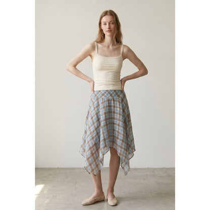 Janelle Check Chiffon Asymmetrical Midi Skirt
