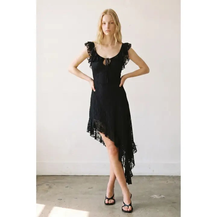 Jessica Ruffle Asymmetrical Lace Midi Dress