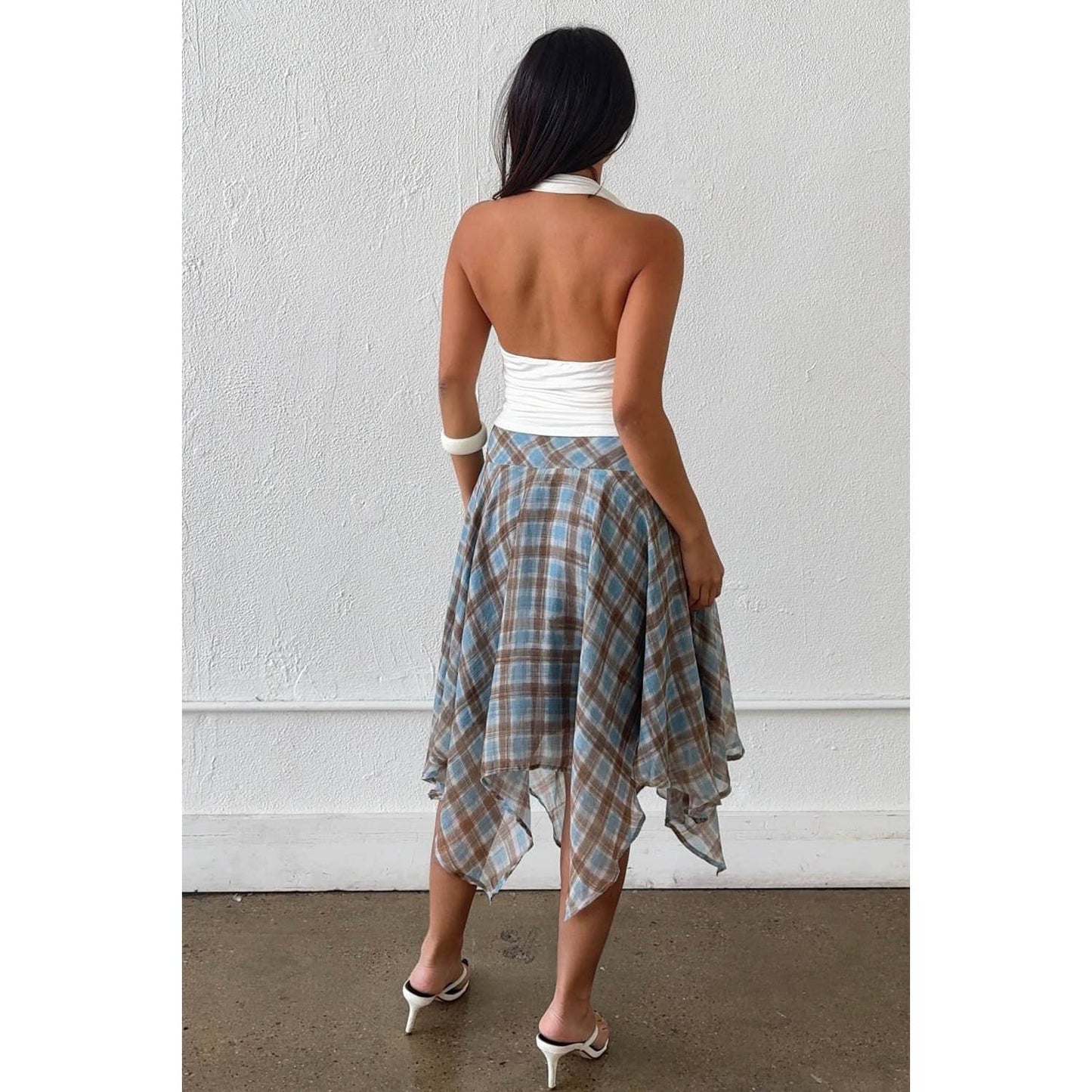 Janelle Check Chiffon Asymmetrical Midi Skirt