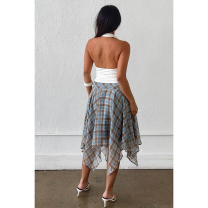 Janelle Check Chiffon Asymmetrical Midi Skirt