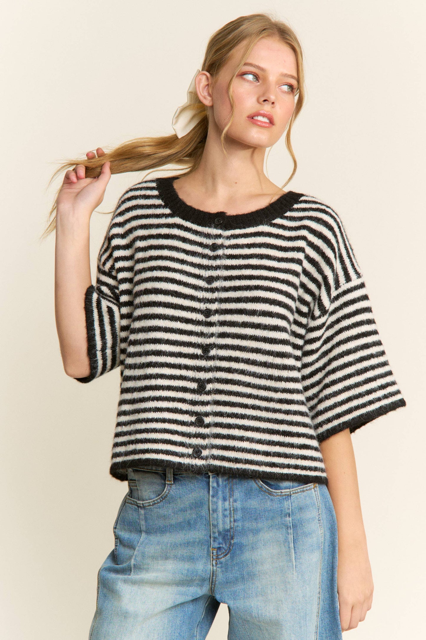 Hadley Striped Cropped Oversized Knit Cardigan