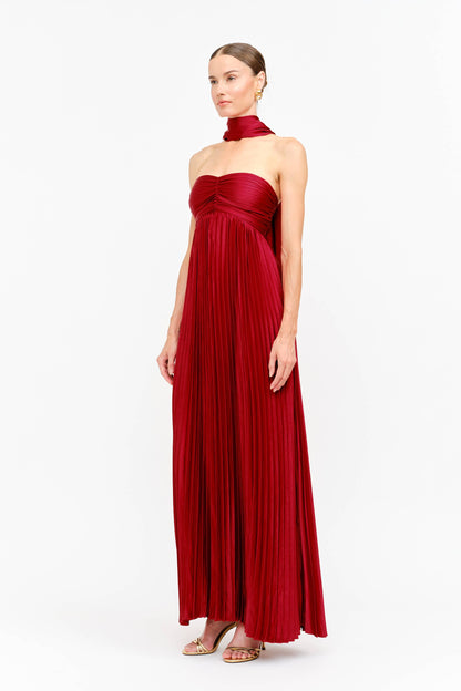 Kali Satin Pleated Strapless Maxi Dress