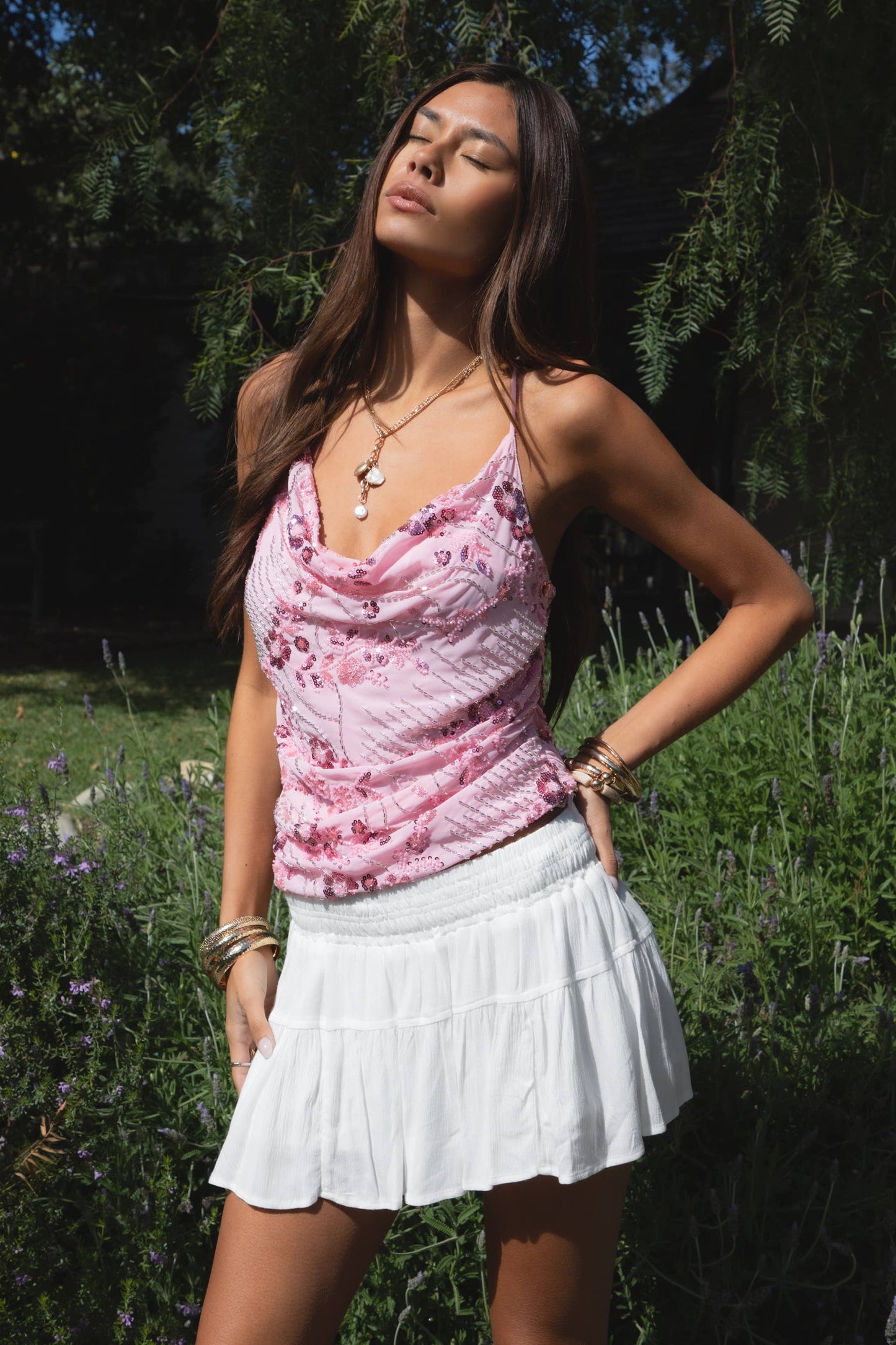 Hollis Sequin Beaded Cowl Neck Top