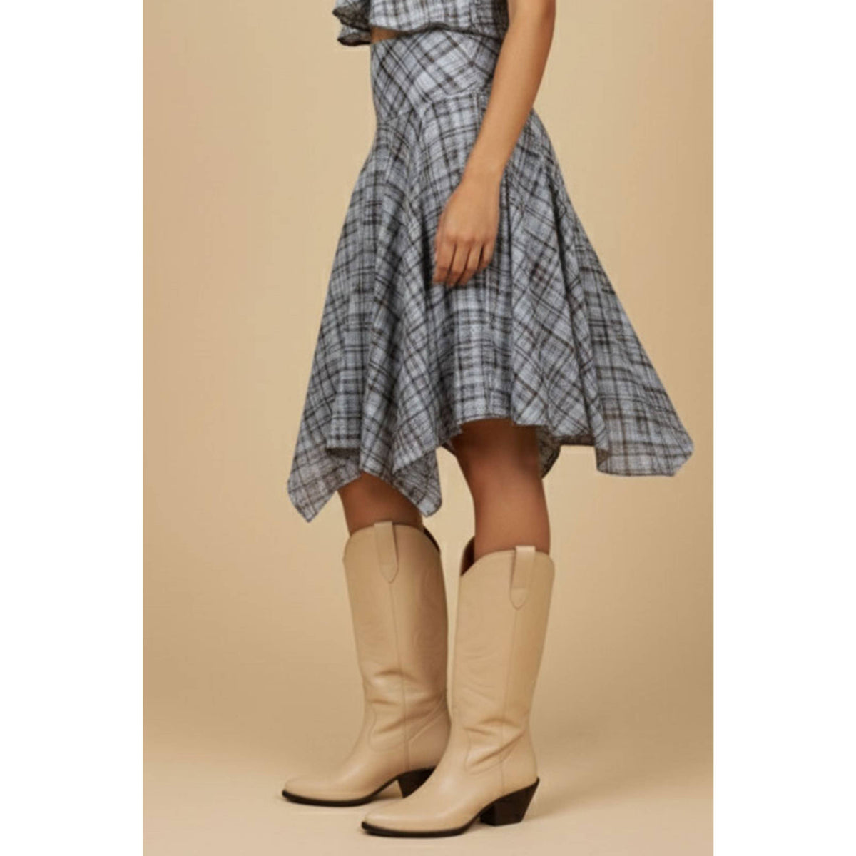 Jessel Plaid Handkerchief Hem Midi Skirt