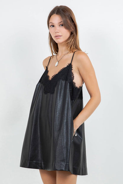 Fronia Vegan Leather Lace Mini Dress