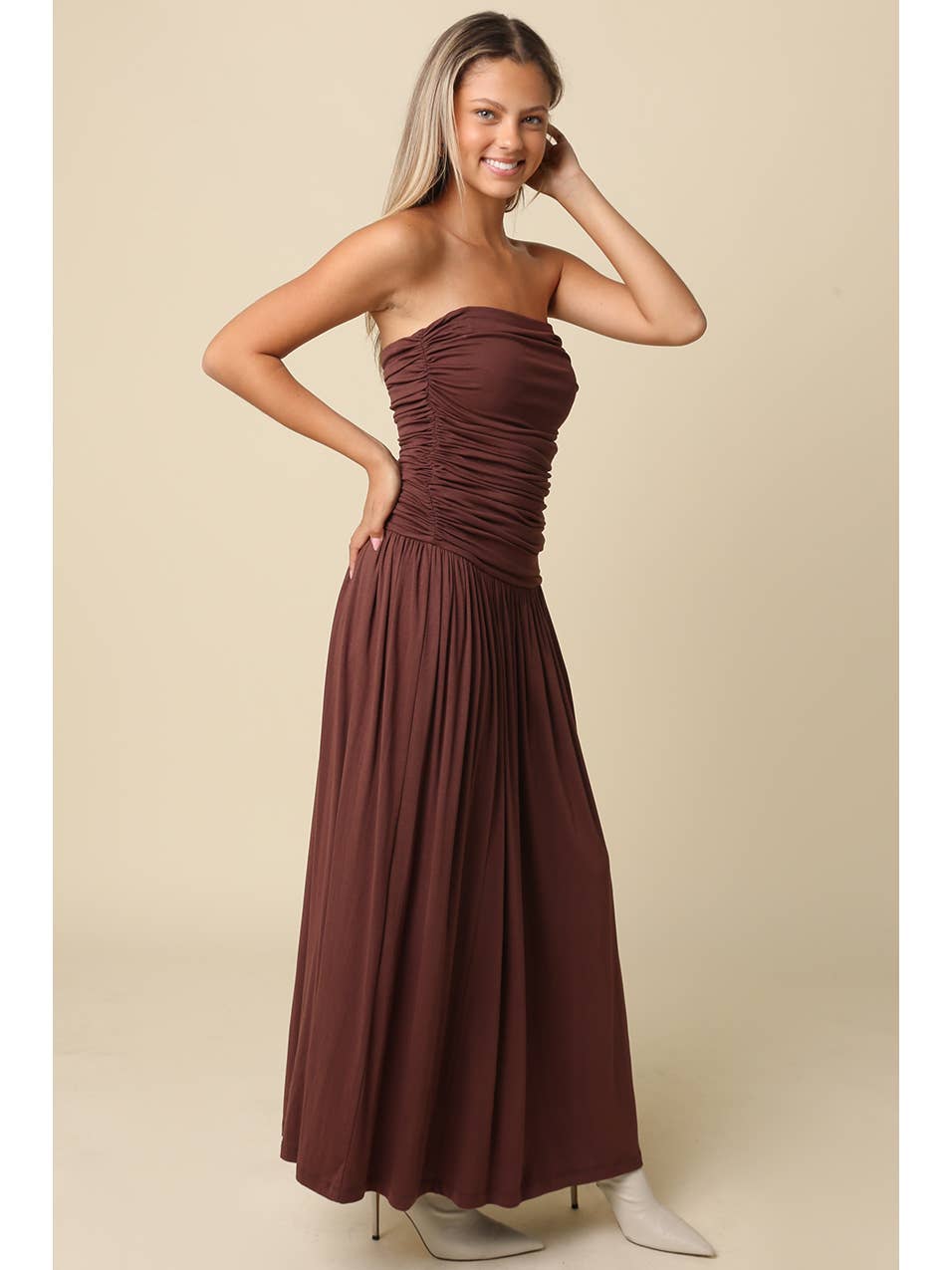 Irid Strapless Ruched Maxi Dress