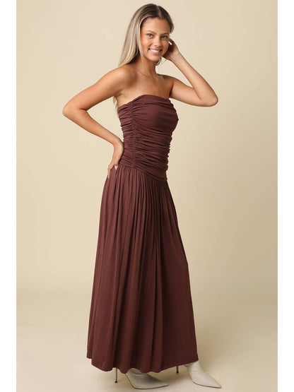 Irid Strapless Ruched Maxi Dress
