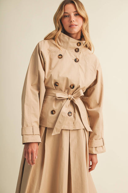 Jacee High-Collar Cropped Belted Trench Jacket