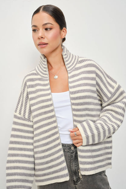 Janice Striped Mock Neck Zip Up Sweater