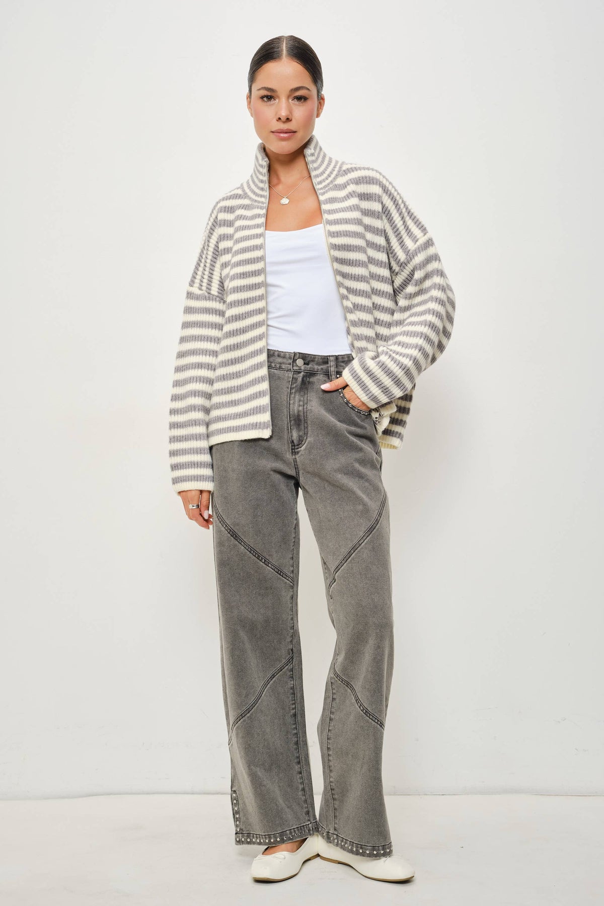 Janice Striped Mock Neck Zip Up Sweater