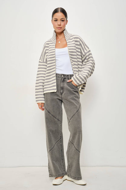 Janice Striped Mock Neck Zip Up Sweater