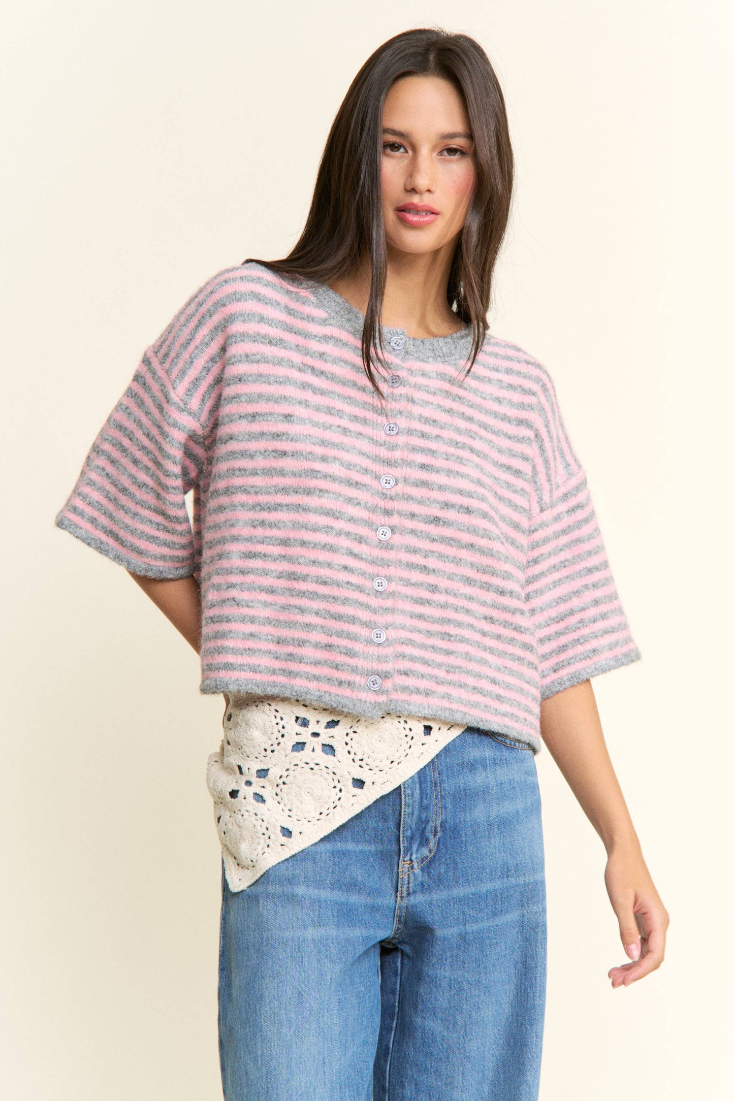 Hadley Striped Cropped Oversized Knit Cardigan