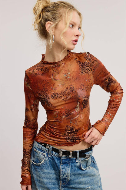 Fiona Animal Mesh Mock Neck Long Sleeve Top