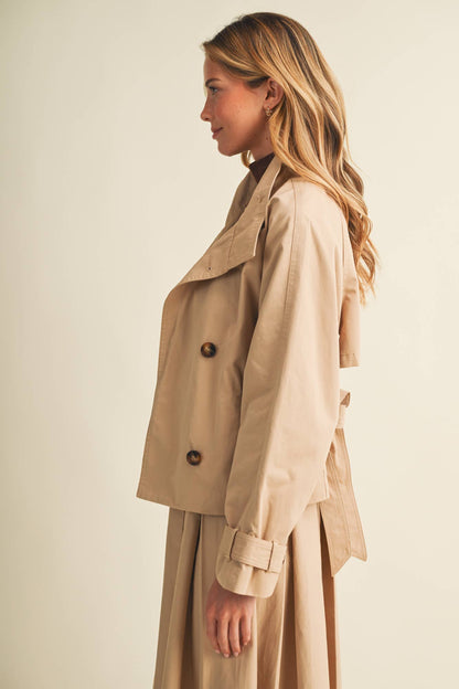 Jacee High-Collar Cropped Belted Trench Jacket