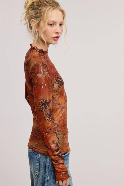 Fiona Animal Mesh Mock Neck Long Sleeve Top