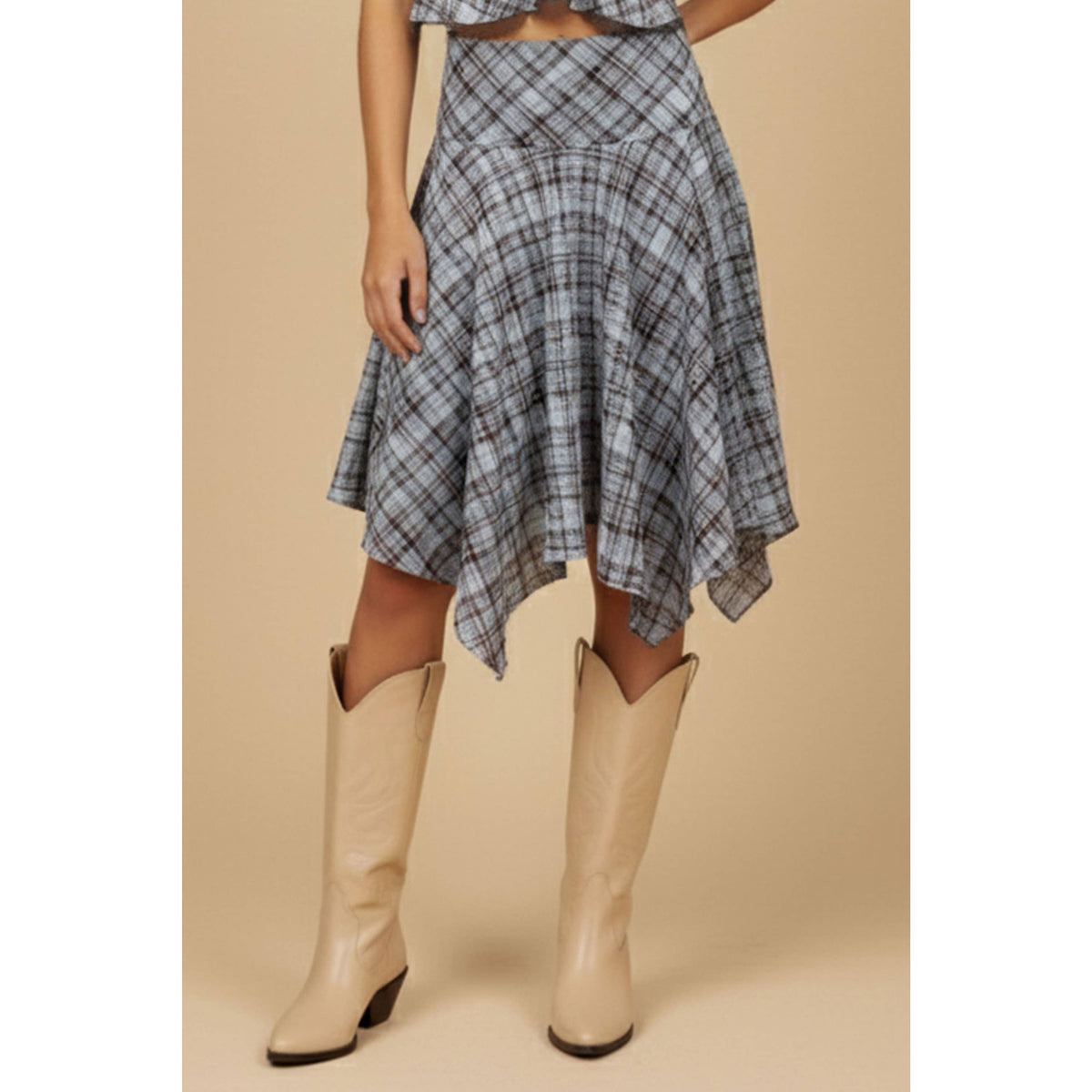 Jessel Plaid Handkerchief Hem Midi Skirt