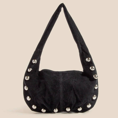 Metallic Sphere Studded Soft Hobo Shoulder Bag